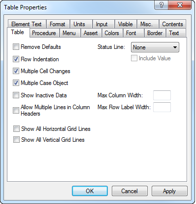 Table-specific **Properties** dialog box